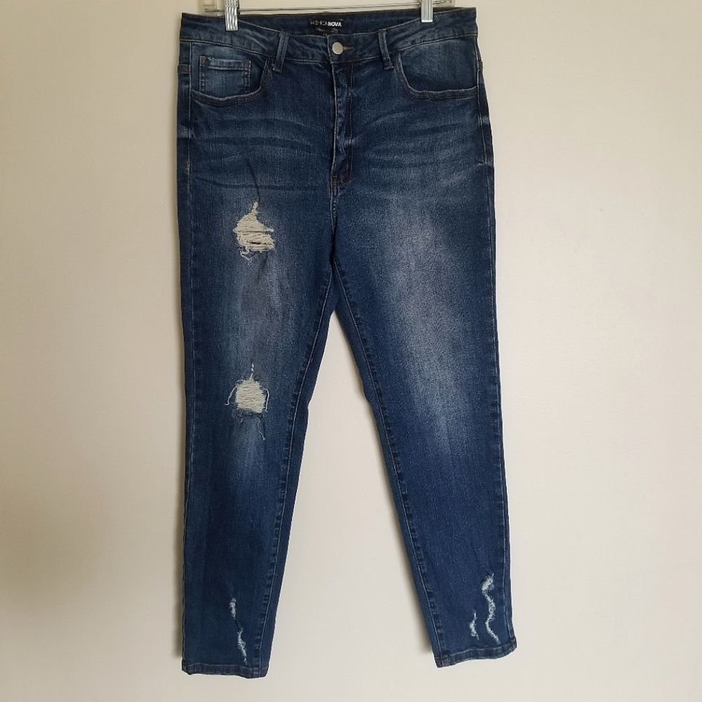 Fashion Nova Original High Waist Distressed Faded Skinny Blue Jeans Size 15